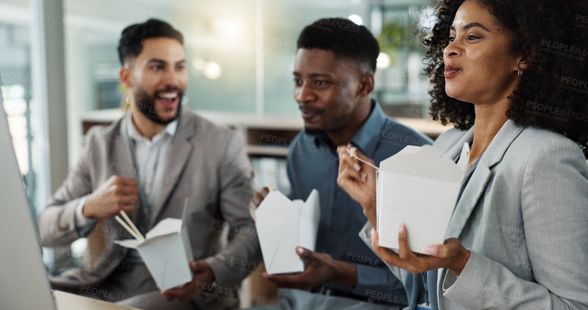 Buy stock photo Chinese food, collaboration and success with a business team cheering in the office for support while eating. Lunch, teamwork and motivation with a happy young employee group in the workplace