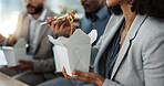 Chinese food, computer and a designer business woman reading information in the office while eating. Lunch, research and a young employee in the professional workplace for a report, project or task