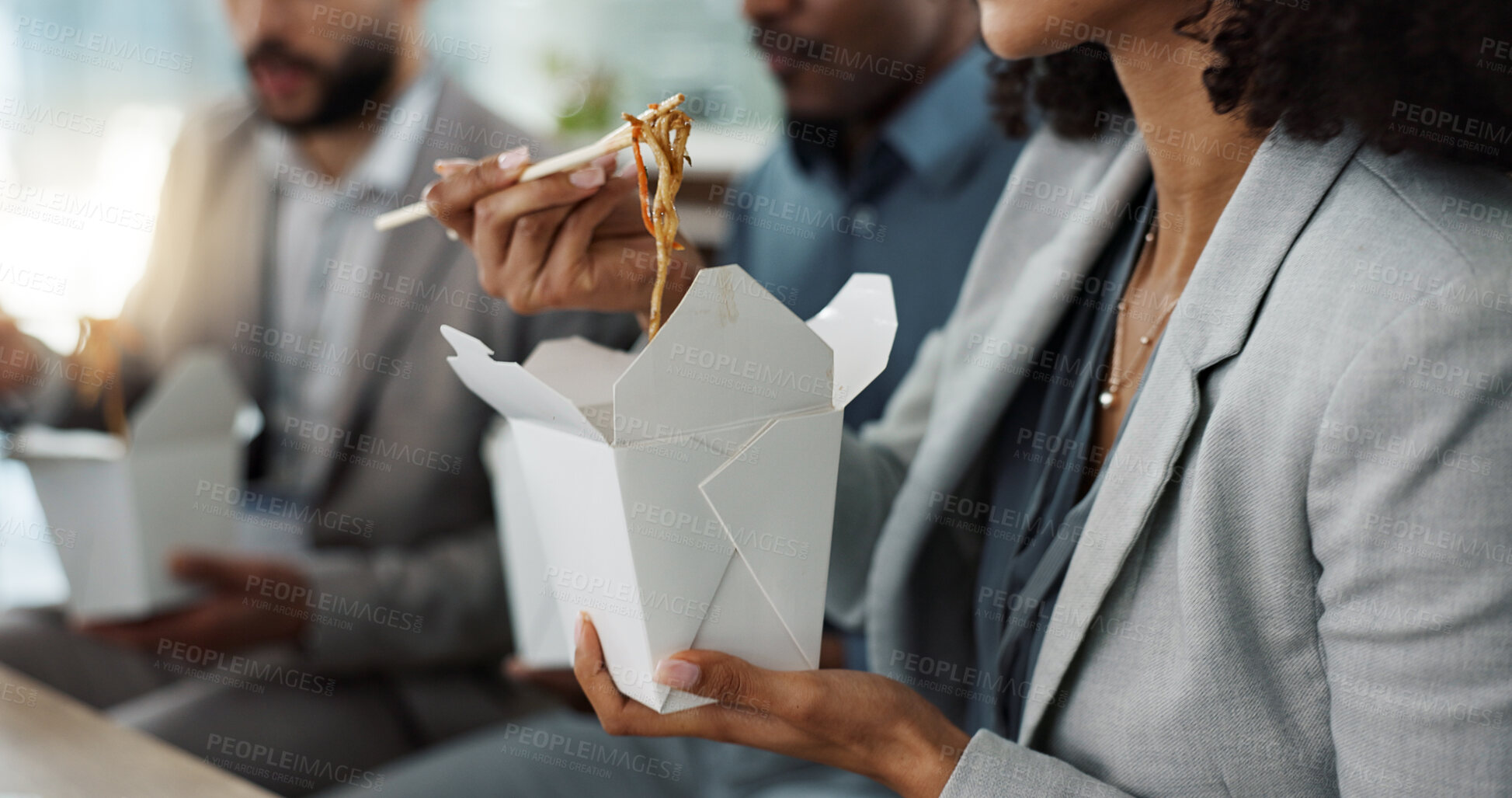 Buy stock photo Chinese food, computer and a designer business woman reading information in the office while eating. Lunch, research and a young employee in the professional workplace for a report, project or task