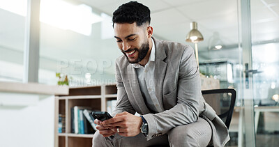 Phone, networking and businessman in the office typing a message on the internet or mobile app. Technology, chatting and young male lawyer on cellphone for email or social media in modern workplace.