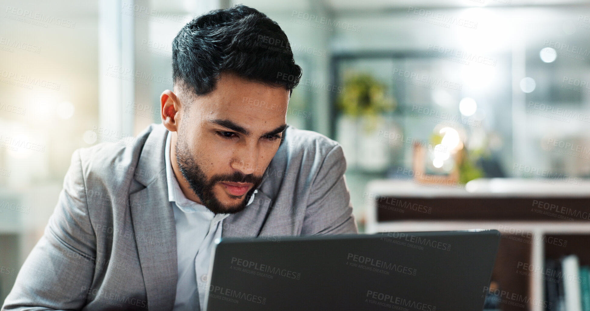 Buy stock photo Laptop, research and smile with a business man at work in his office for a project management report. Computer, email and information with a happy young employee reading communication in the office