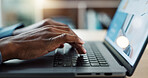 Hands typing, laptop keyboard and closeup at desk, web design and planning for user experience on app. Business person, computer and click for research, data analytics and internet in workplace