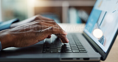 Hands typing, laptop keyboard and closeup at desk, web design and planning for user experience on app. Business person, computer and click for research, data analytics and internet in workplace