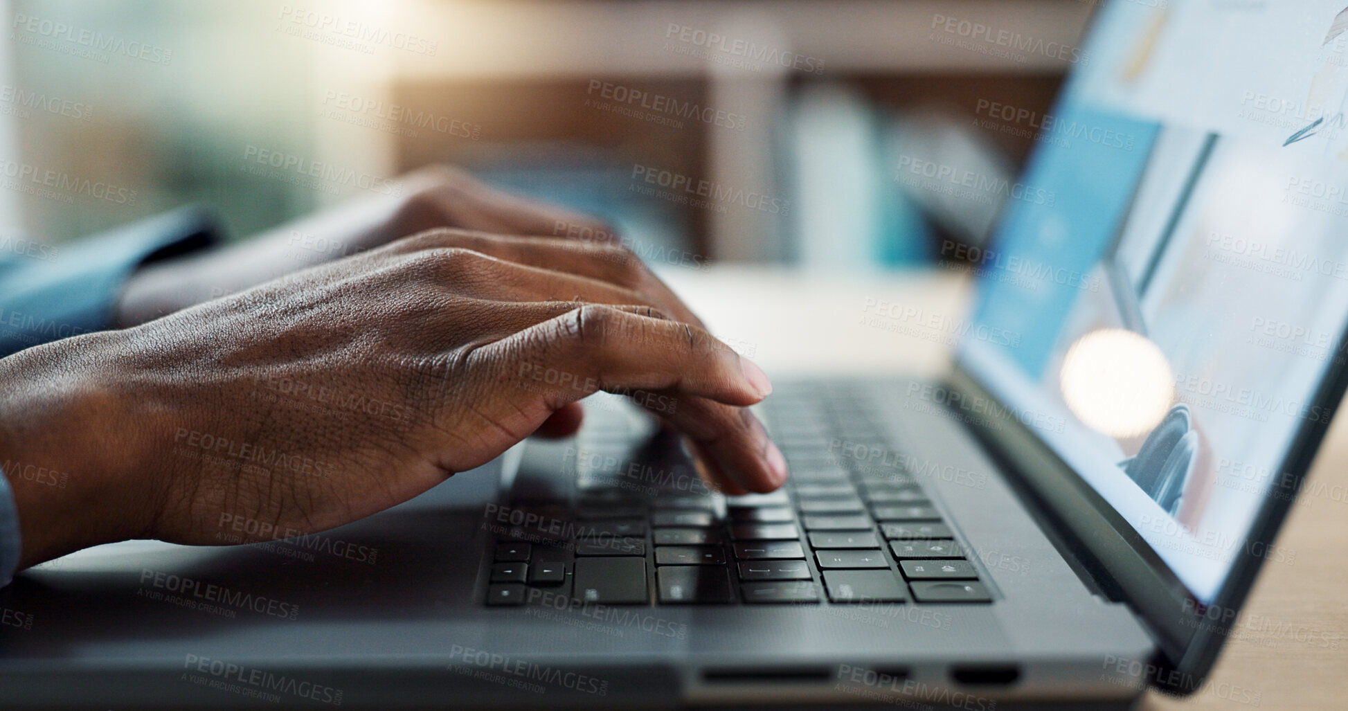 Buy stock photo Hands typing, laptop keyboard and closeup at desk, web design and planning for user experience on app. Business person, computer and click for research, data analytics and internet in workplace