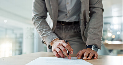 Business, hands and writing signature on contract or legal documents for application or agreement in office. Pen, closeup and person reading paperwork, work policy or form in workplace or company