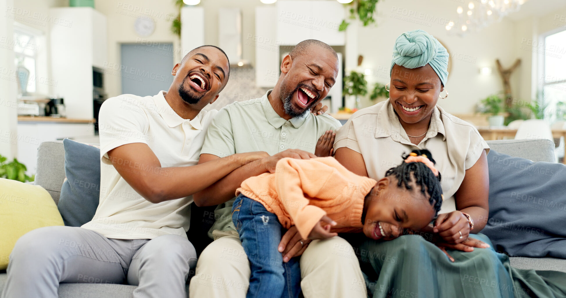 Buy stock photo Black family, relax and parents with child on sofa at home for bonding, quality time and happiness. Happy, lounge and happy mother, father and girl on couch laughing together for fun in living room