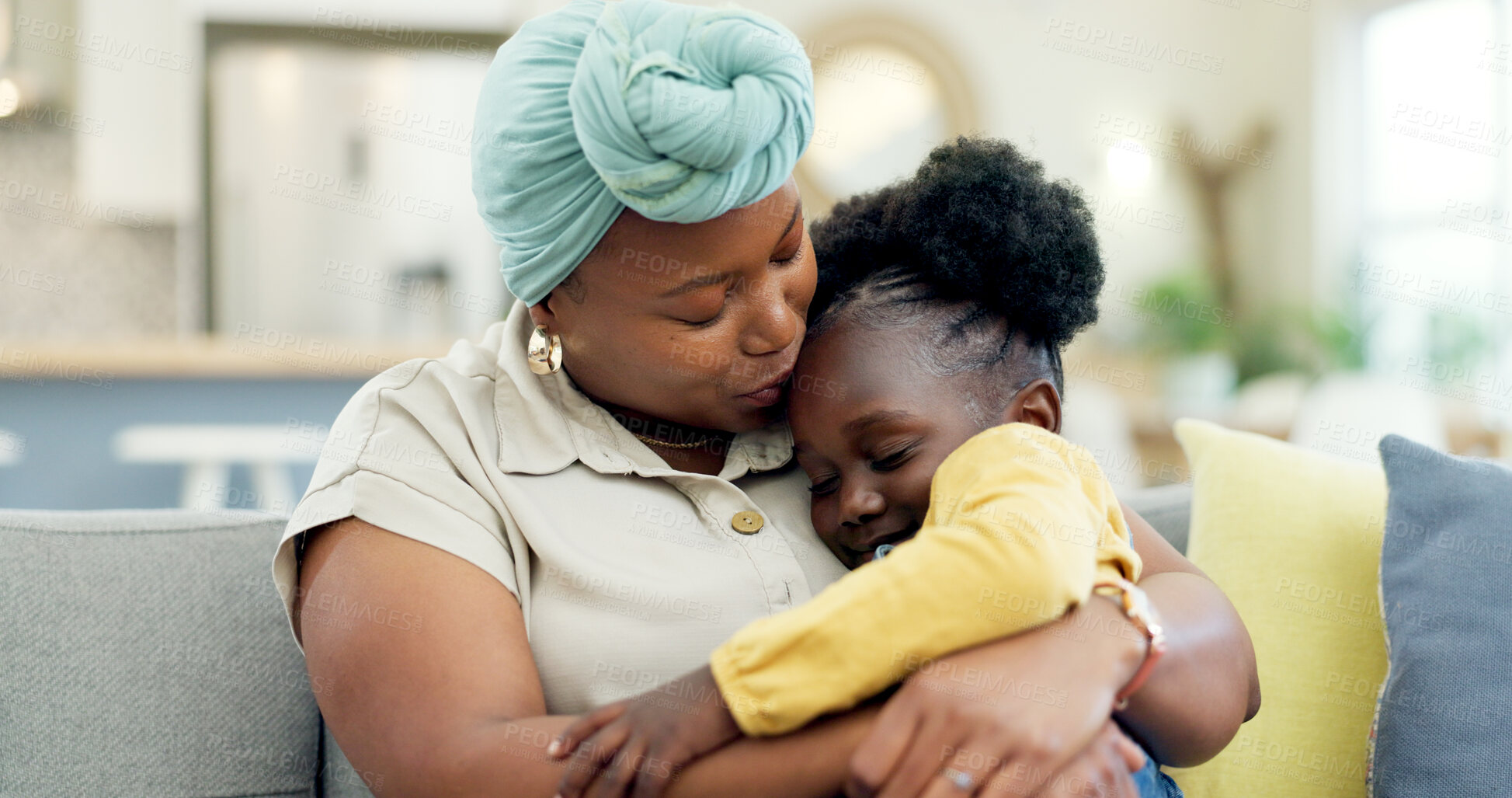 Buy stock photo Mom, kiss or hug sleeping child on couch for love, care or console for comfort in lounge at home. Black woman, happy mother or embrace girl kid on lap for nap, support or relax on sofa in living room