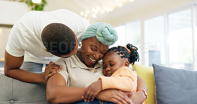 Black family, relax and parents hug child on sofa at home for bonding, quality time and happiness. Love, lounge and happy mother, father and girl on couch embrace together for care in living room