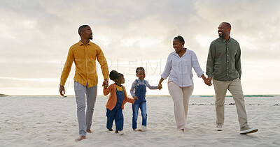 Love, travel and holding hands with black family at beach for summer, vacation and relax. Holiday, support and happy with parents and children walking on coastline for care, trust and freedom