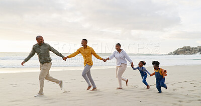 Happy, black family and holding hands or running at the beach for holiday, care and bonding. Laughing, support and grandparents, father and children with affection and exercise by the sea with love