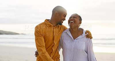 African couple, beach and arm for walk with love in outdoor for quality time on vacation. Happiness, man and women with bonding with ocean for travel or holiday to relax are cheerful together.