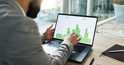 Hands, laptop and chart for business man, analysis and check progress of economy, investment or profit. Financial agent, computer and reading graph with data analytics, growth and numbers for future