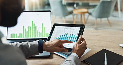 Hands, laptop and chart with tablet for business man, analysis or check progress of economy, investment or profit. Financial agent, pc and reading graph for data on fintech app, growth and numbers