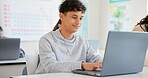 Man, student and laptop for school, elearning and studying or research in college or class. Teenager typing on computer for planning, classroom information and scholarship application or online FAQ