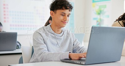 Man, student and laptop for school, elearning and studying or research in college or class. Teenager typing on computer for planning, classroom information and scholarship application or online FAQ