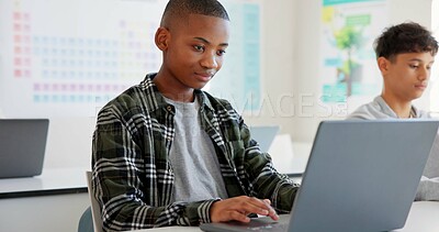 Teenager child, laptop and education at school with research, coding or computer science. Black kid in classroom with technology for learning, problem solving and system or software study at academy