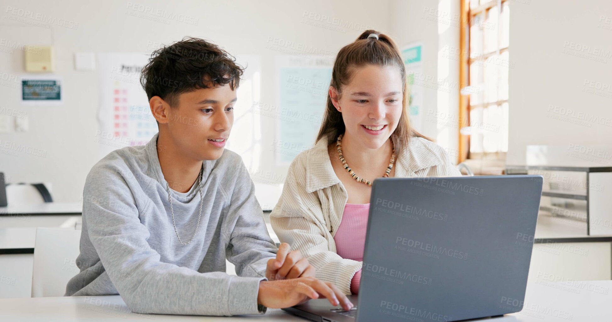 Buy stock photo Learning, teamwork and high five of students on laptop in classroom, achievement and goal. Education, computer and teenager in celebration of success, happy kids and study knowledge at high school