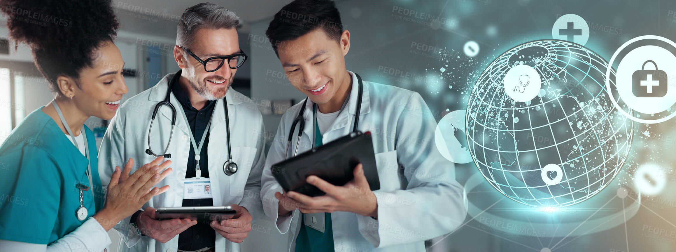 Buy stock photo Doctors, nurses and tablet with healthcare success, applause and celebration of hospital results or solution. Happy medical team, mentor and students on digital technology for hospital news or goals