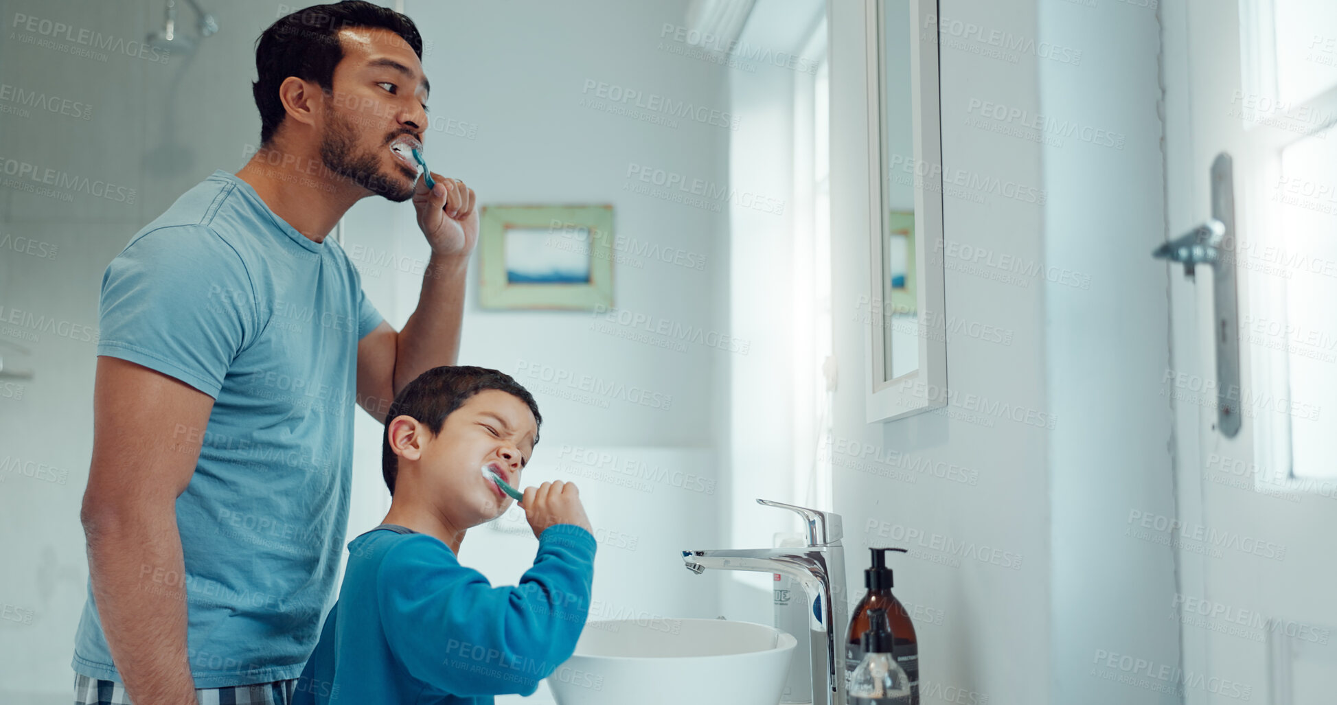 Buy stock photo Father, child and brushing teeth in family home bathroom while learning or teaching dental hygiene. A man and kid with toothbrush and toothpaste for health, cleaning mouth and wellness at mirror