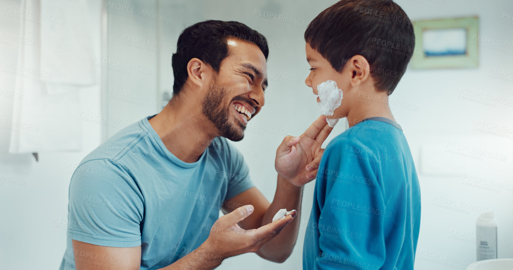 Buy stock photo Father, child and learning with shaving cream or teaching a boy a skincare, morning beauty routine and grooming in the bathroom. Shave together, son and dad helping with foam, razor and skin care