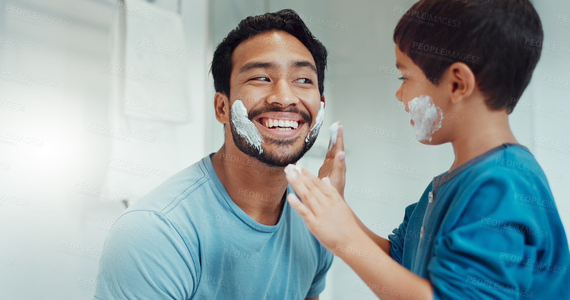 Buy stock photo Shaving, bathroom and father teaching child about grooming, playing hygiene and facial routine. Playful, help and dad showing boy kid cream or soap for hair removal together in a house in the morning