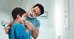 Shaving cream, child and father teaching in bathroom, family home or boy learning morning skincare, beauty and grooming routine. Shave together, son and dad helping with foam, razor and skin care