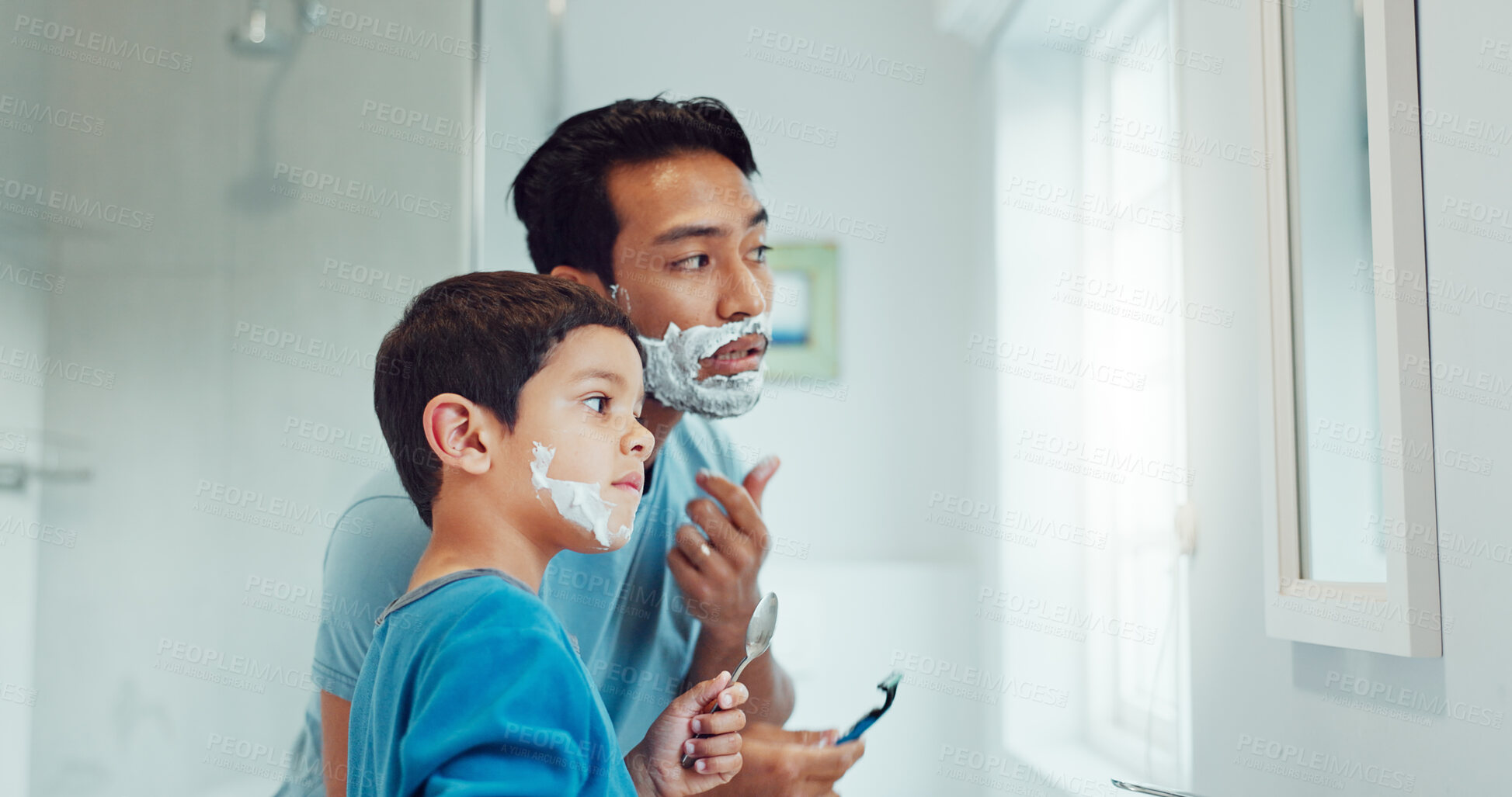 Buy stock photo Shaving cream, child and father teaching in bathroom, family home or boy learning morning skincare, beauty and grooming routine. Shave together, son and dad helping with foam, razor and skin care