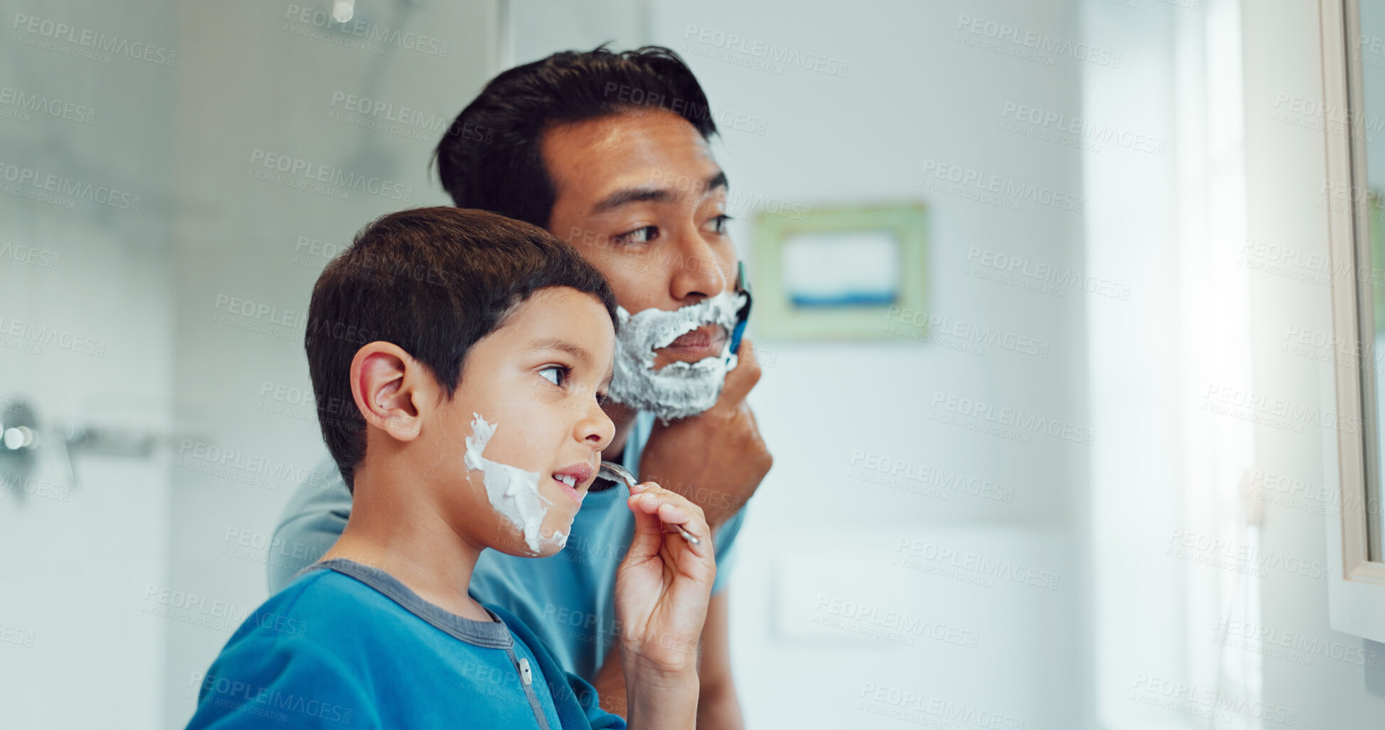 Buy stock photo Dad, boy and learning to shave in bathroom with facial cream, skincare routine and support. Father, kid and teaching about cosmetics of cleaning face, beard and foam for love, care and family at home