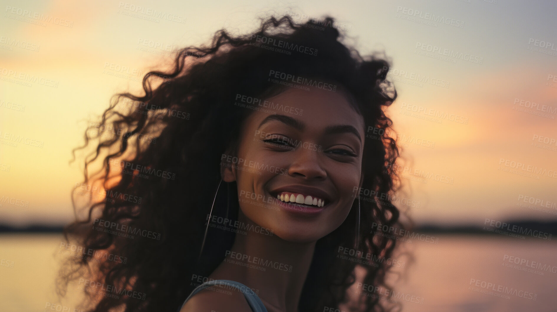 Buy stock photo Happy young woman at sunset. Laughing, enjoying life. Golden hour concept.