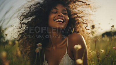 Happy young woman in field of grass during sunset. Enjoying life. Golden hour concept.