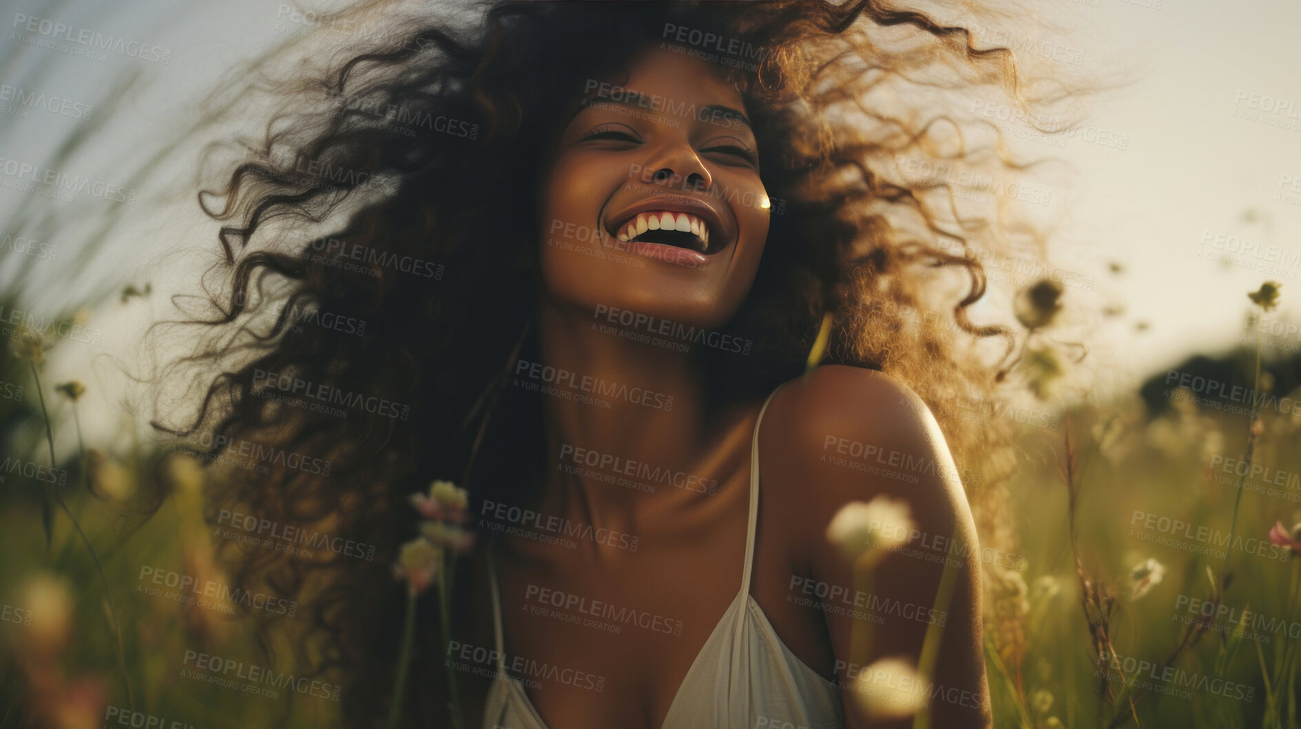 Buy stock photo Happy young woman in field of grass during sunset. Enjoying life. Golden hour concept.