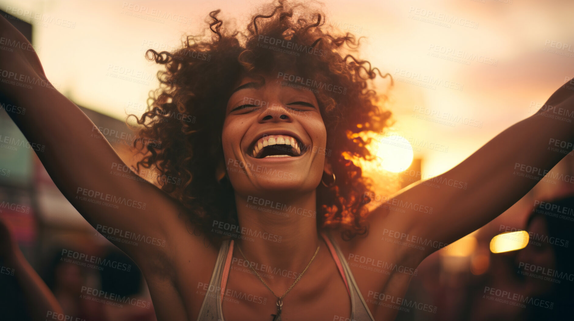 Buy stock photo Happy young woman at sunset.
laughing with arms up. Golden hour concept.