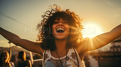 Happy young woman at sunset. laughing with arms up. Golden hour concept.