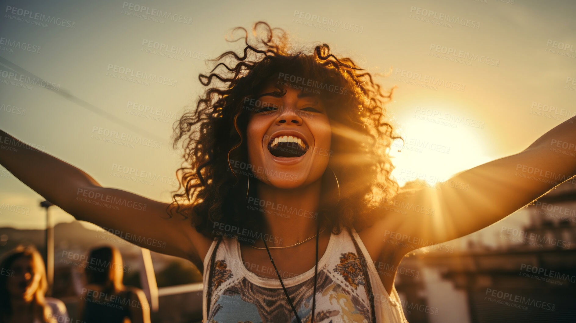 Buy stock photo Happy young woman at sunset.
laughing with arms up. Golden hour concept.