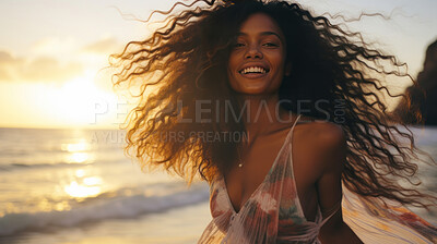 Happy young woman at beach during sunset. Enjoying life. Golden hour concept.