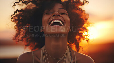 Happy young woman at sunset. Laughing, enjoying life. Golden hour concept.