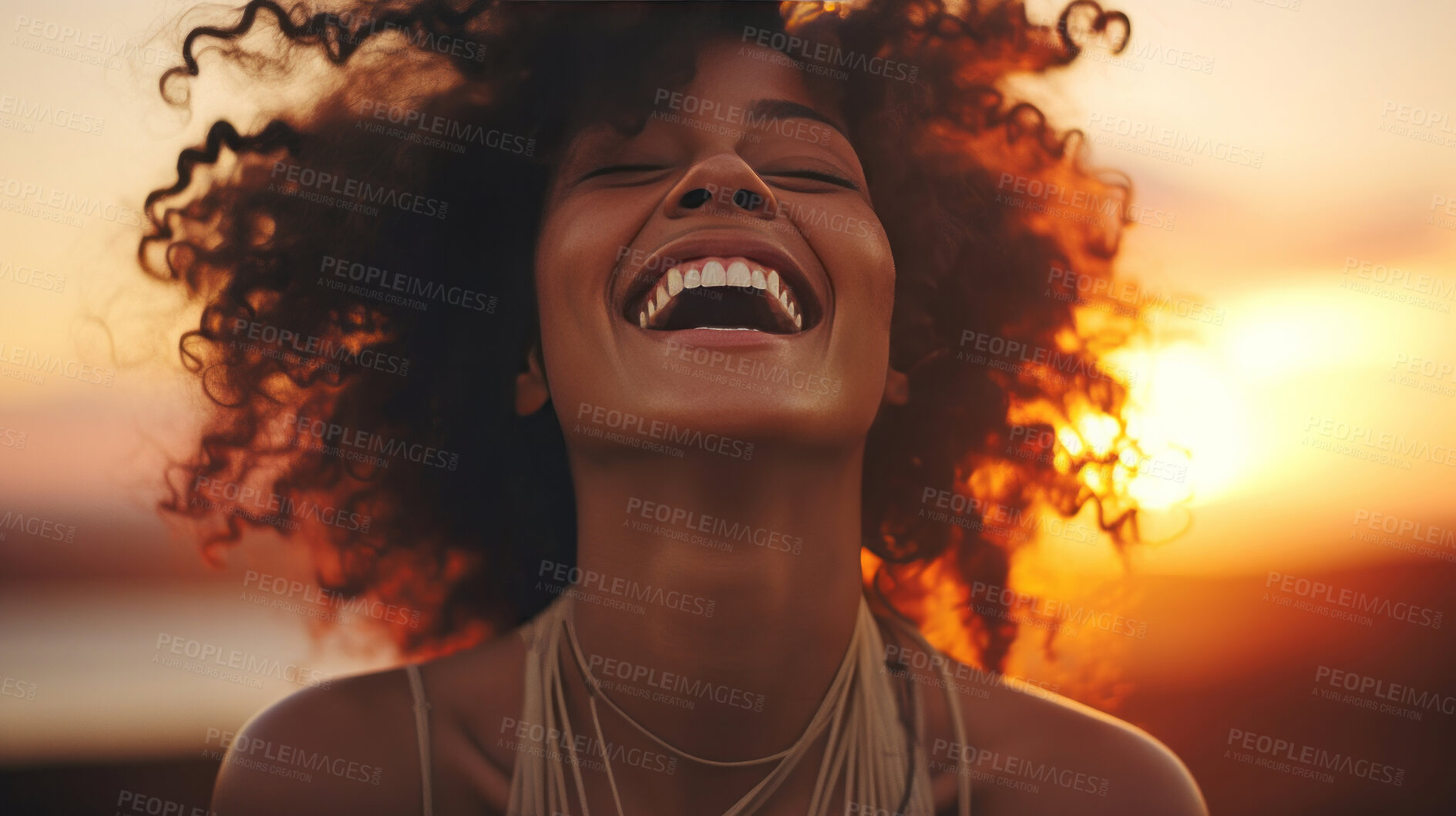 Buy stock photo Happy young woman at sunset.
Laughing, enjoying life. Golden hour concept.