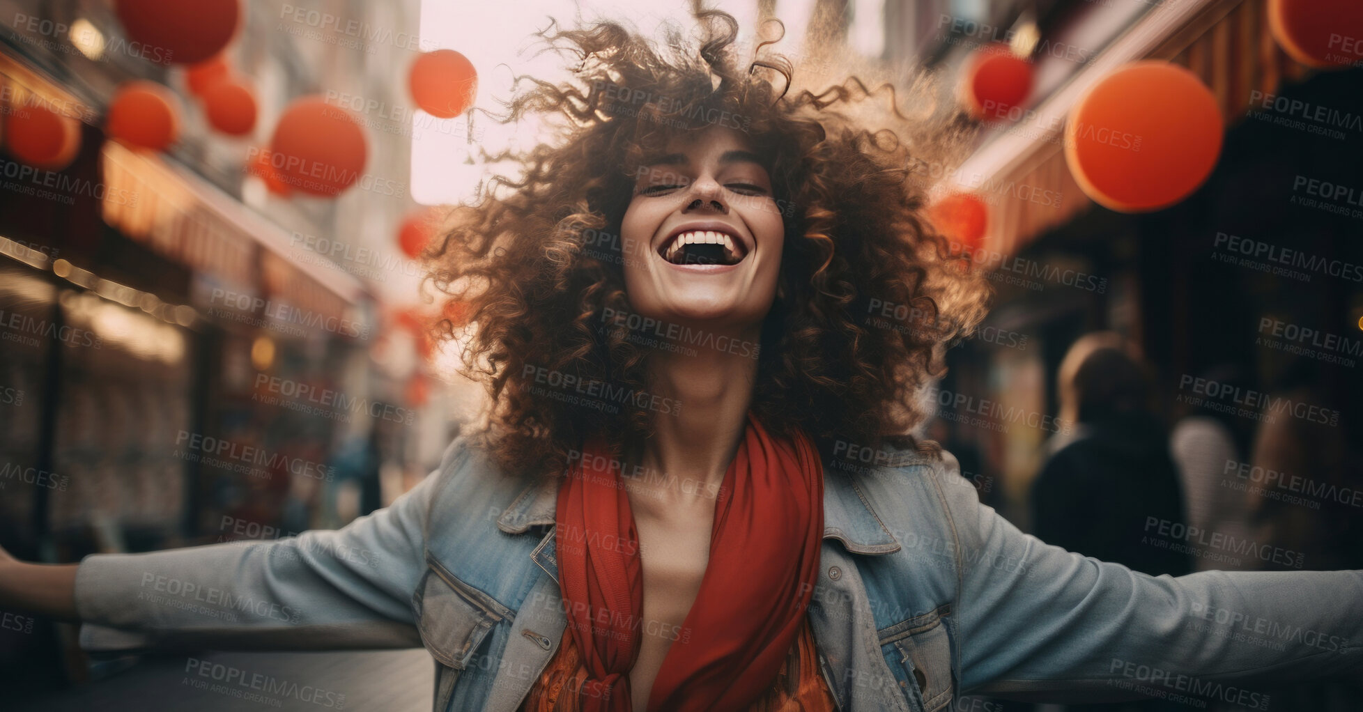 Buy stock photo Happy young woman in street.
Laughing with arms up. Freedom concept.