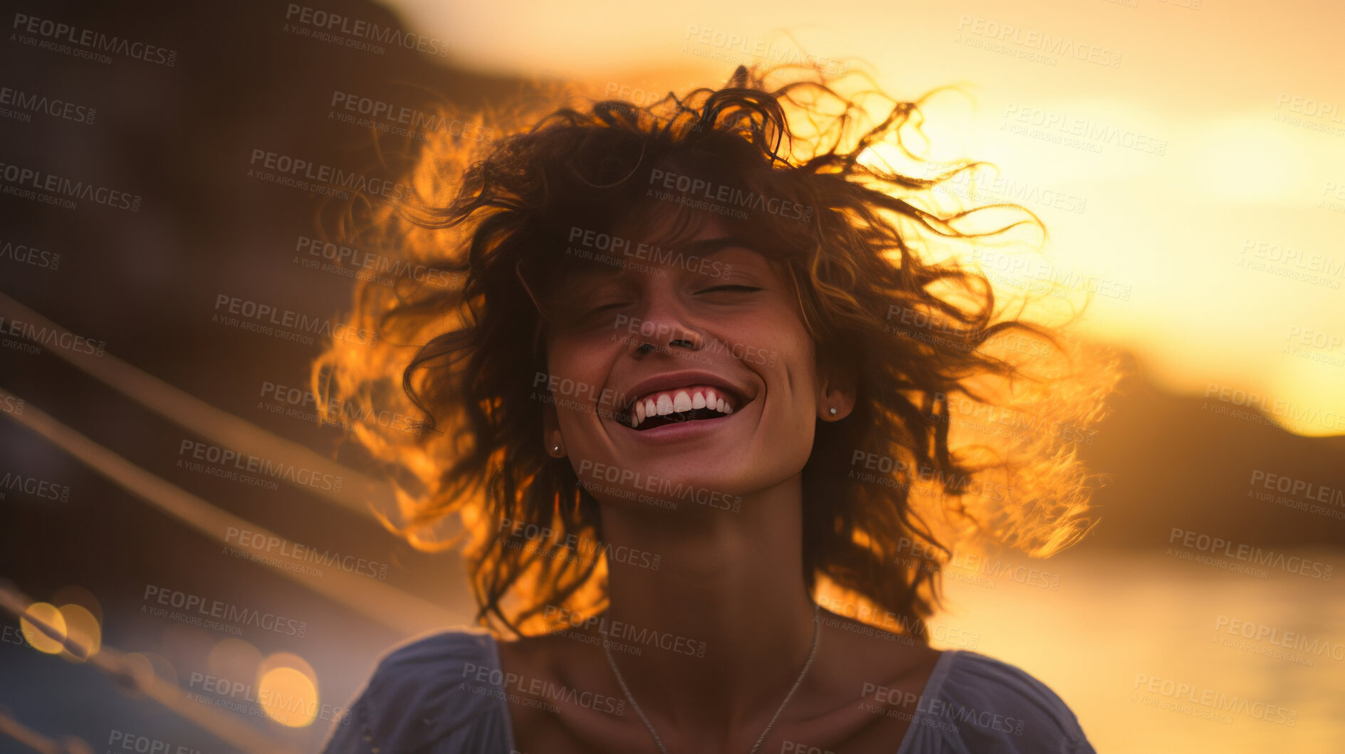 Buy stock photo Woman laughing on beach. Happy young woman at sunset.
Golden hour concept.