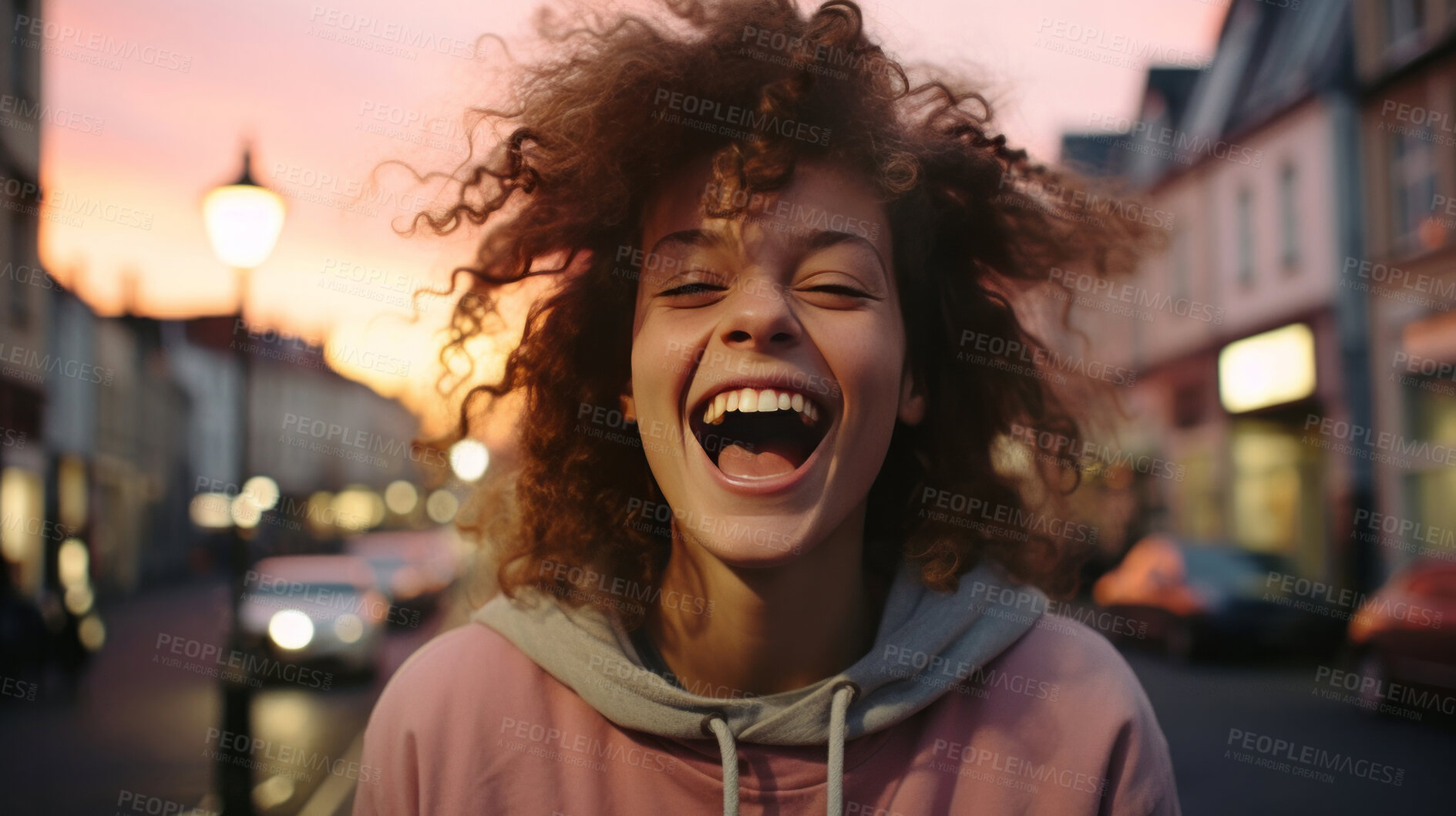 Buy stock photo Happy young woman in street.
Laughing or shouting eyes closed. Freedom concept.