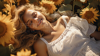 Buy stock photo Attractive woman laying in field of sunflowers during sunset. Fashion concept.