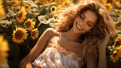 Buy stock photo Attractive woman in field of sunflowers during sunset. Fashion concept.