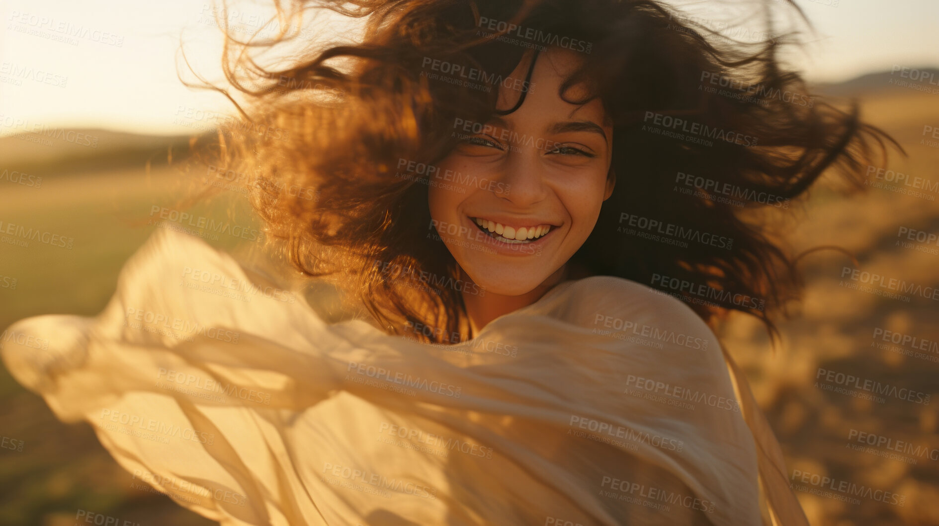 Buy stock photo Happy young woman smiling in field of flowers. Sunset, golden hour.