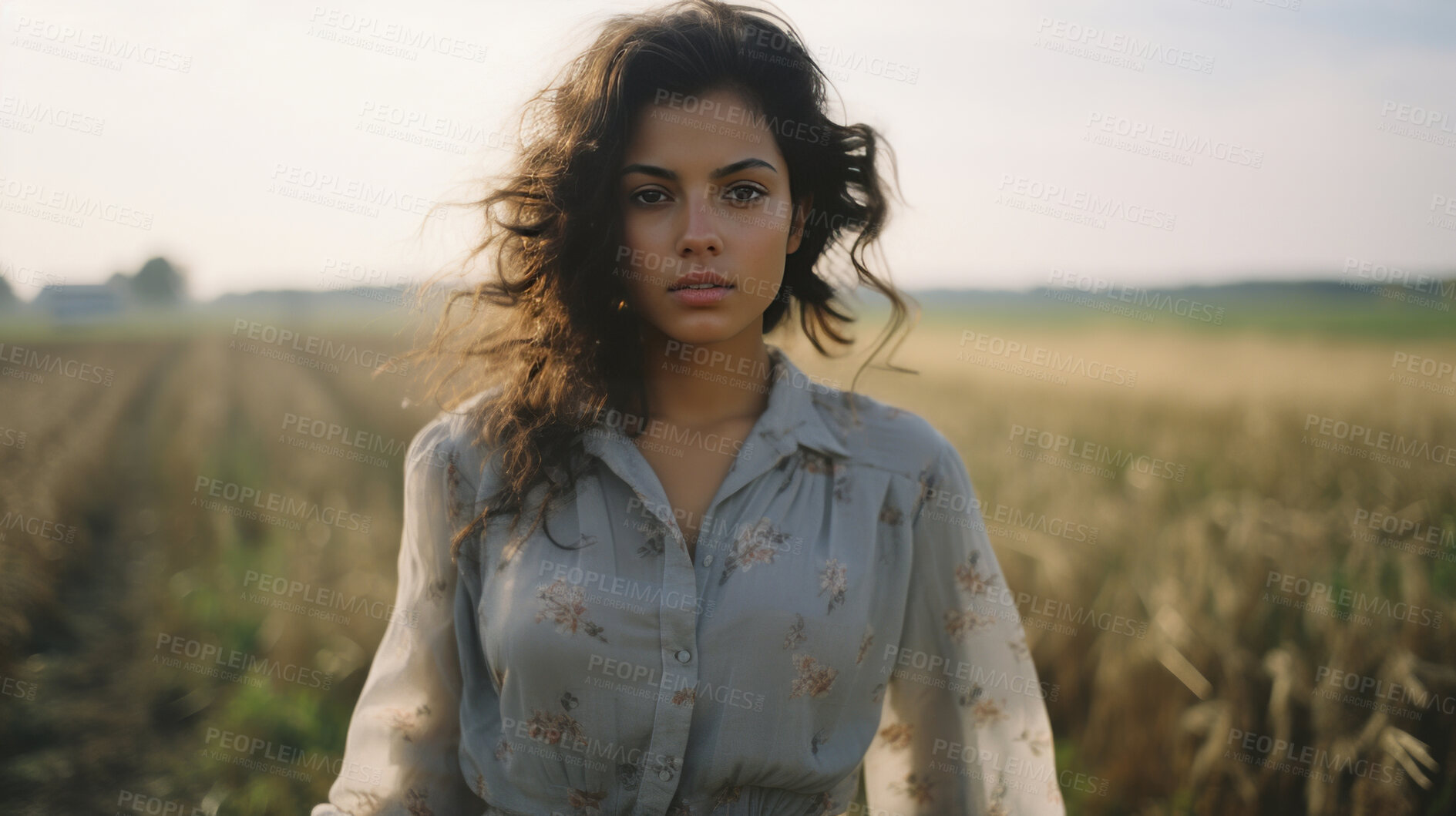 Buy stock photo Editorial portrait of woman in field of grass. Country side. Fashion concept.