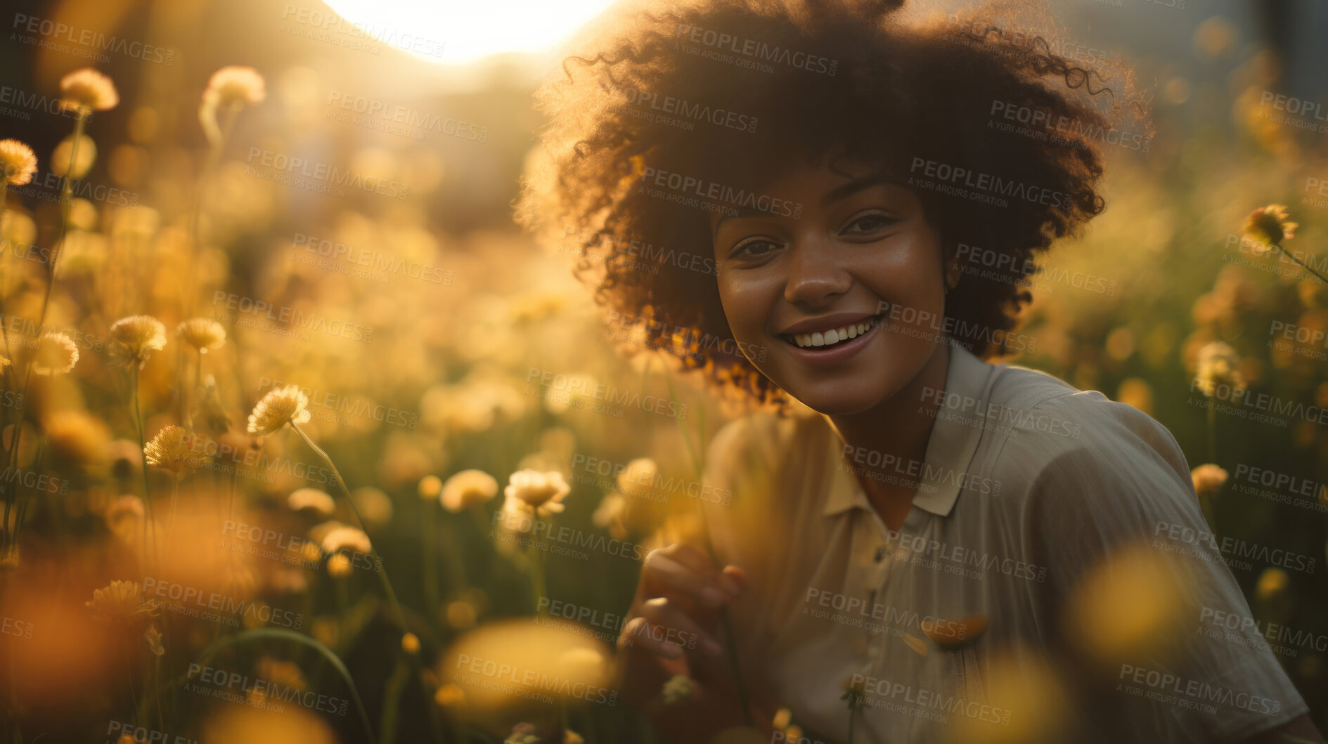 Buy stock photo Happy young woman smiling in field of flowers. Sunset, golden hour.