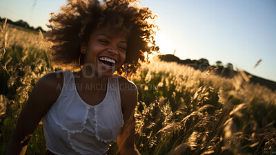 Buy stock photo Happy young woman. Laughing in field of flowers at sunset.