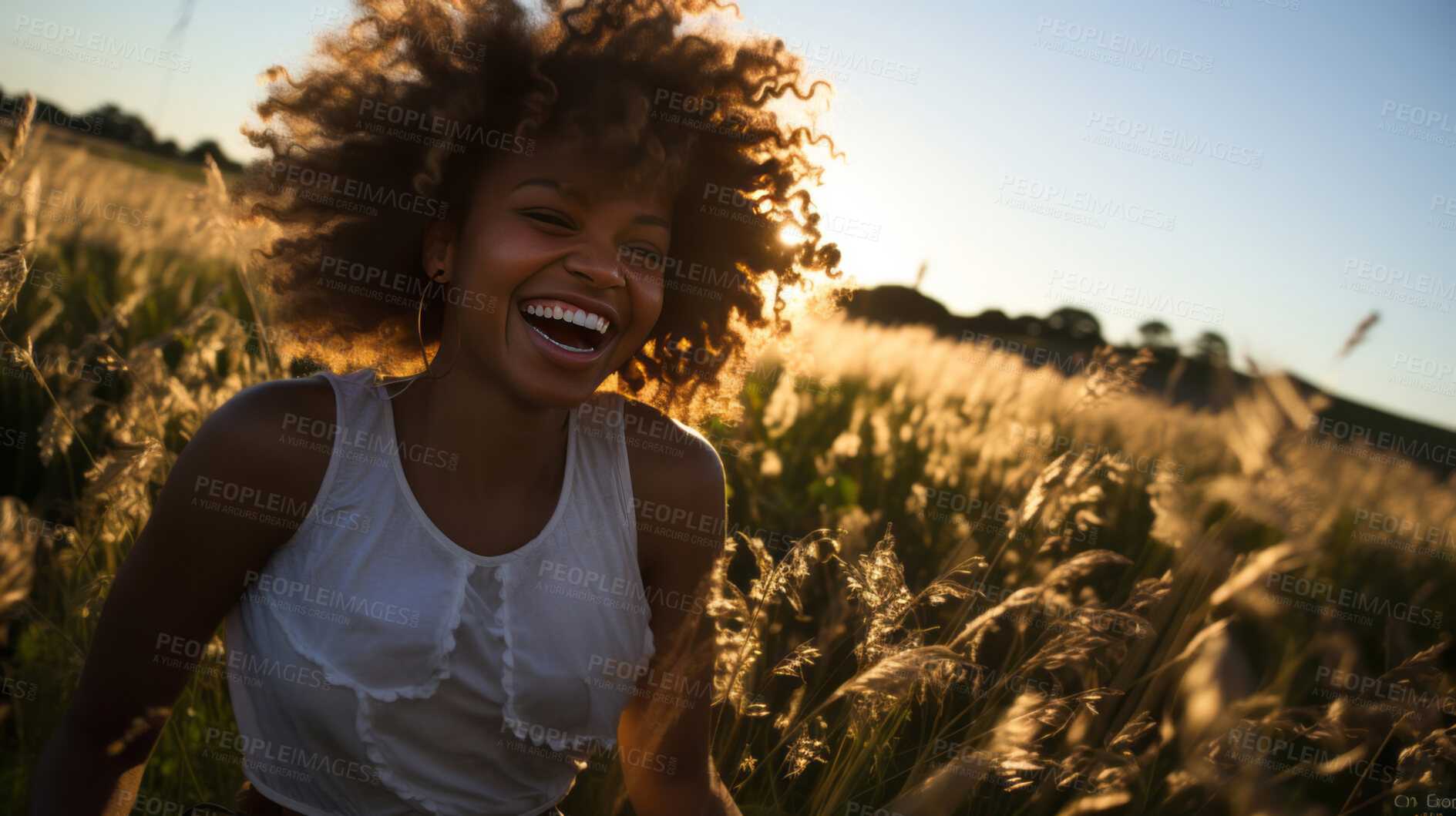 Buy stock photo Happy young woman. Laughing in field of flowers at sunset.