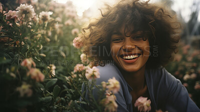 Buy stock photo Happy young woman. Laughing in field of flowers at sunset.