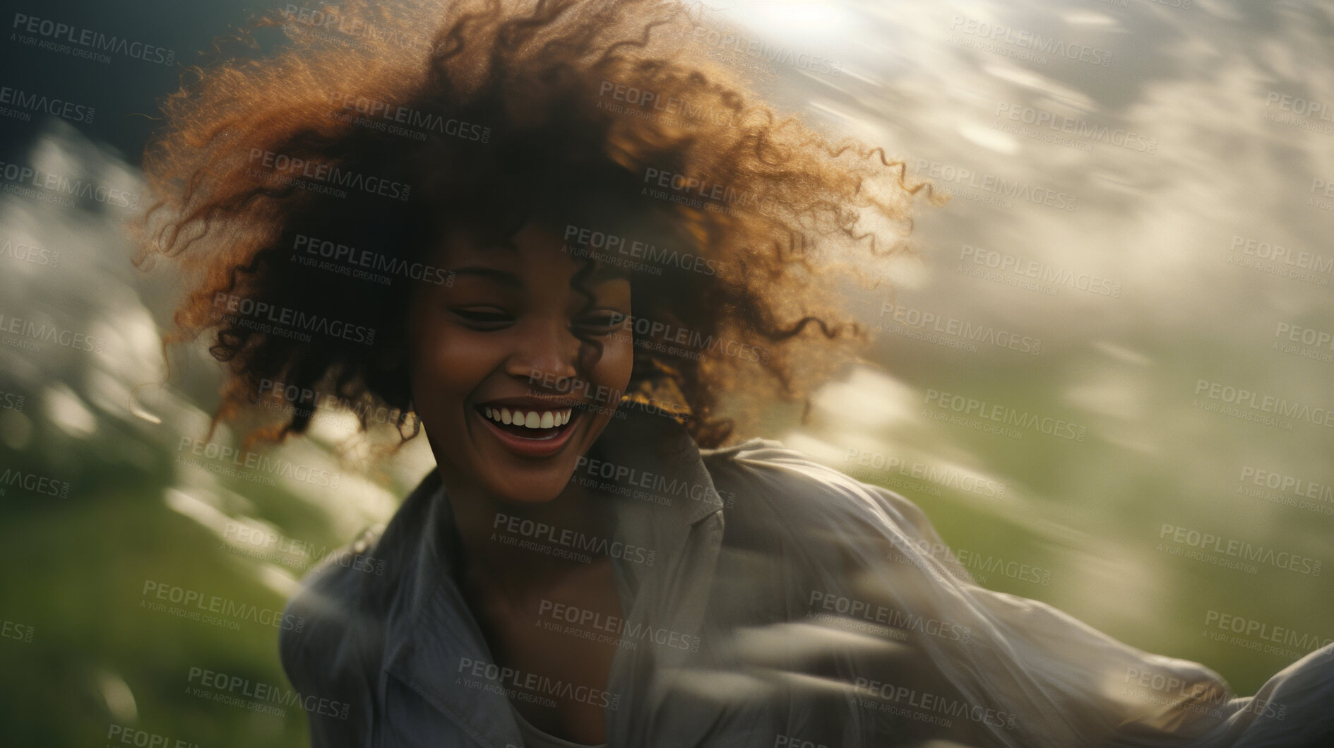 Buy stock photo Happy young woman. Dancing in field of flowers. Motion blurred background.