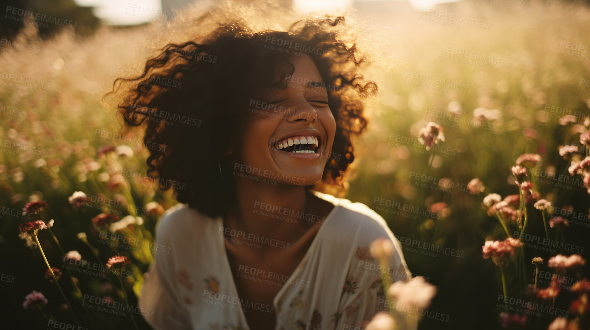 Buy stock photo Happy young woman. Laughing in field of flowers at sunset.